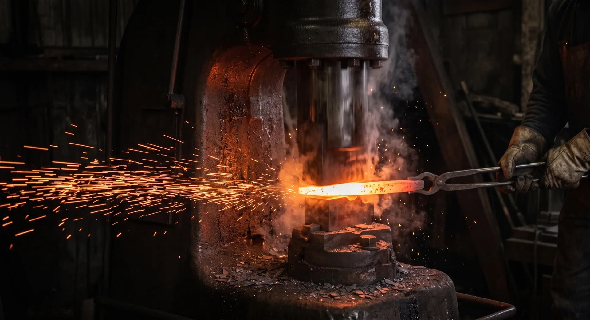 A forge operator holding glowing metal beneath an industrial press