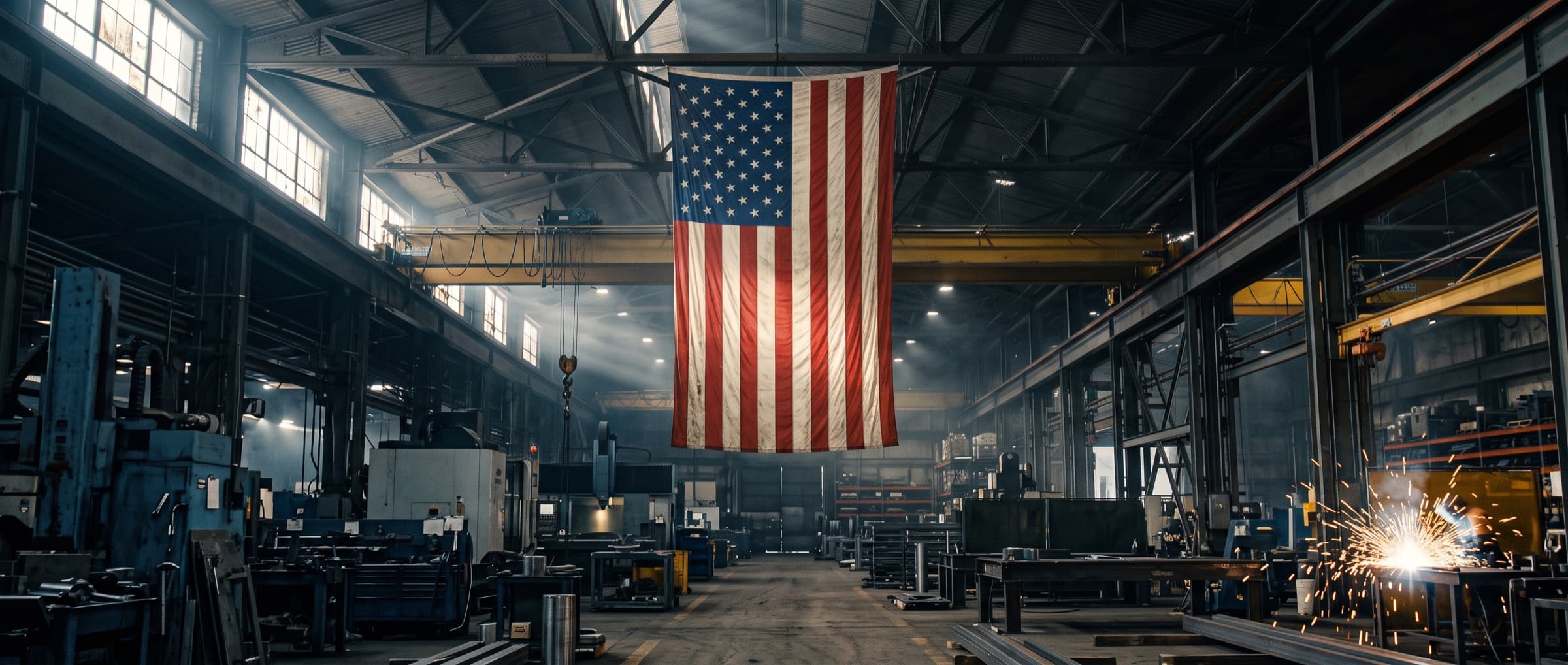 An American flag hanging in a manufacturing facility